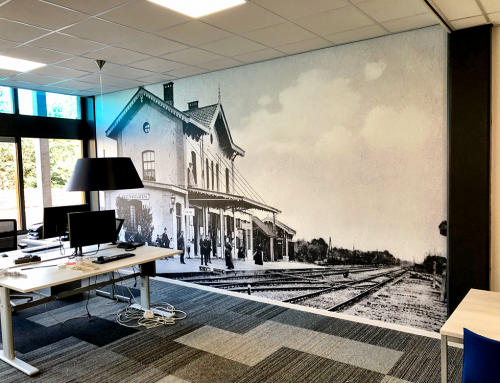 airtex-fotobehang-op-muur-treinstation-oude-foto-ansichtkaart-prentkaart-vergroot-Burgum-Feanwalden-Friesland